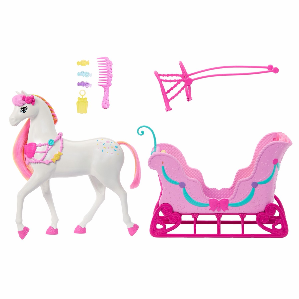 Mattel-Pressebild: weißes Pferd mit bunter Mähne, rosa Schlitten mit Laterne, Zuggeschirr, Kamm und drei Haarspangen in Bonbonform