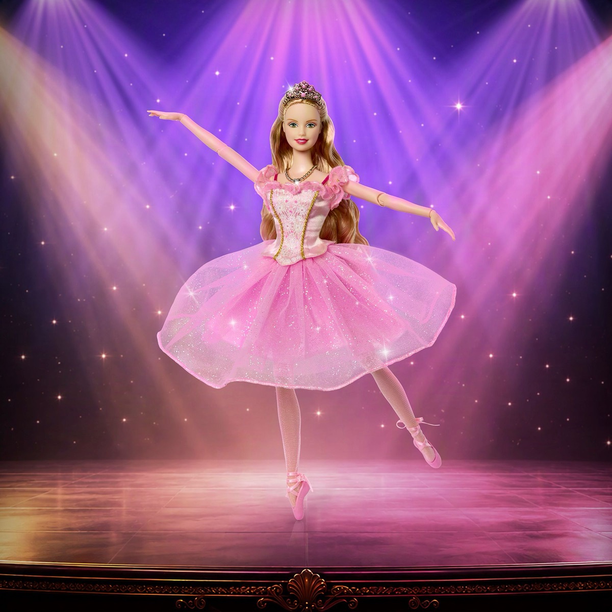 Mattel-Pressebild: Barbie-Signature-Jubiläumspuppe mit langen blonden Haaren, goldenem Diadem und rosa Ballettkleid auf einer Bühne im Scheinwerferlicht