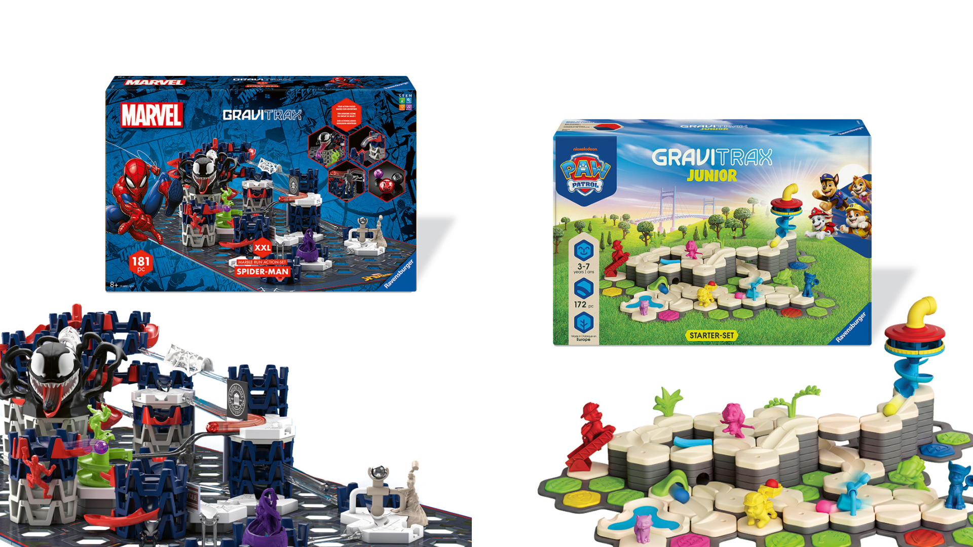 Offizielles Ravensburger-Pressebild mit Spider-Man-GraviTrax-Bahn links und PAW-Patrol-GraviTrax-Junior-Bahn rechts