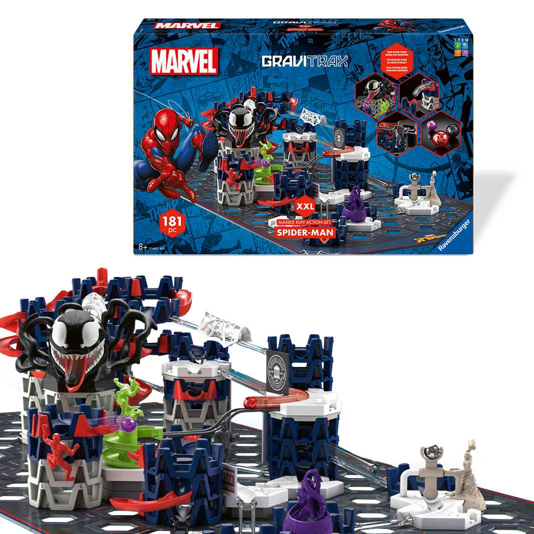 Spider-Man Action Set XXL mit blauer Verpackung, mehrstöckiger GraviTrax-Bahn und Marvel-Figuren