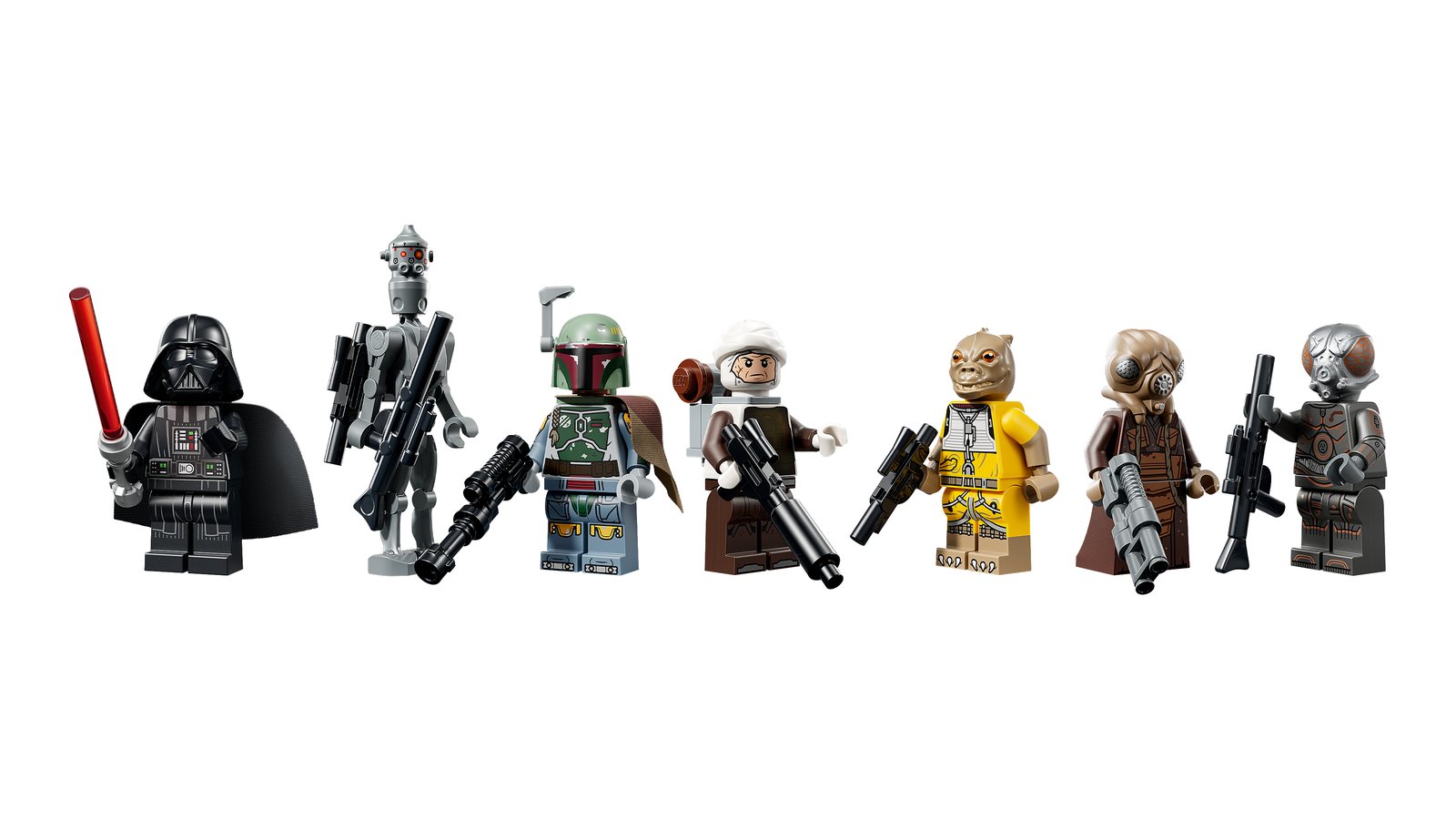 Die sieben Minifiguren des Sets in einer Reihe: Darth Vader mit rotem Lichtschwert, IG-88, Boba Fett, Dengar, Bossk, Zuckuss und 4-LOM