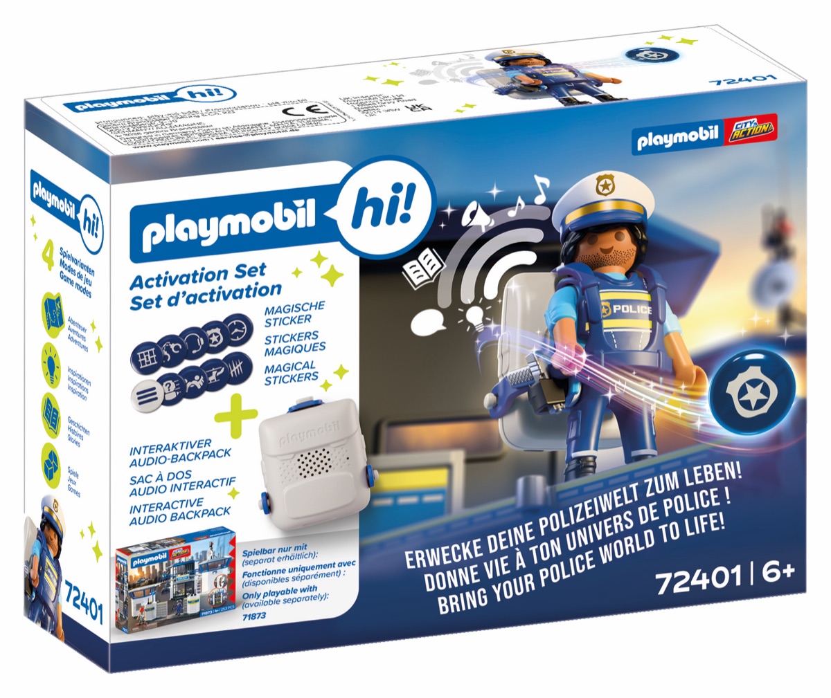 Verpackung des PLAYMOBIL hi! Activation Set Polizei 72401 mit Audio-Rucksack und Hinweis auf das separat erhältliche Set 71873