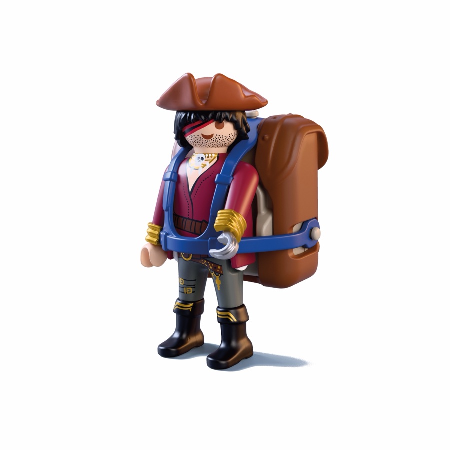 Playmobil-Piratenfigur mit braunem Audio-Rucksack und blauen Gurten