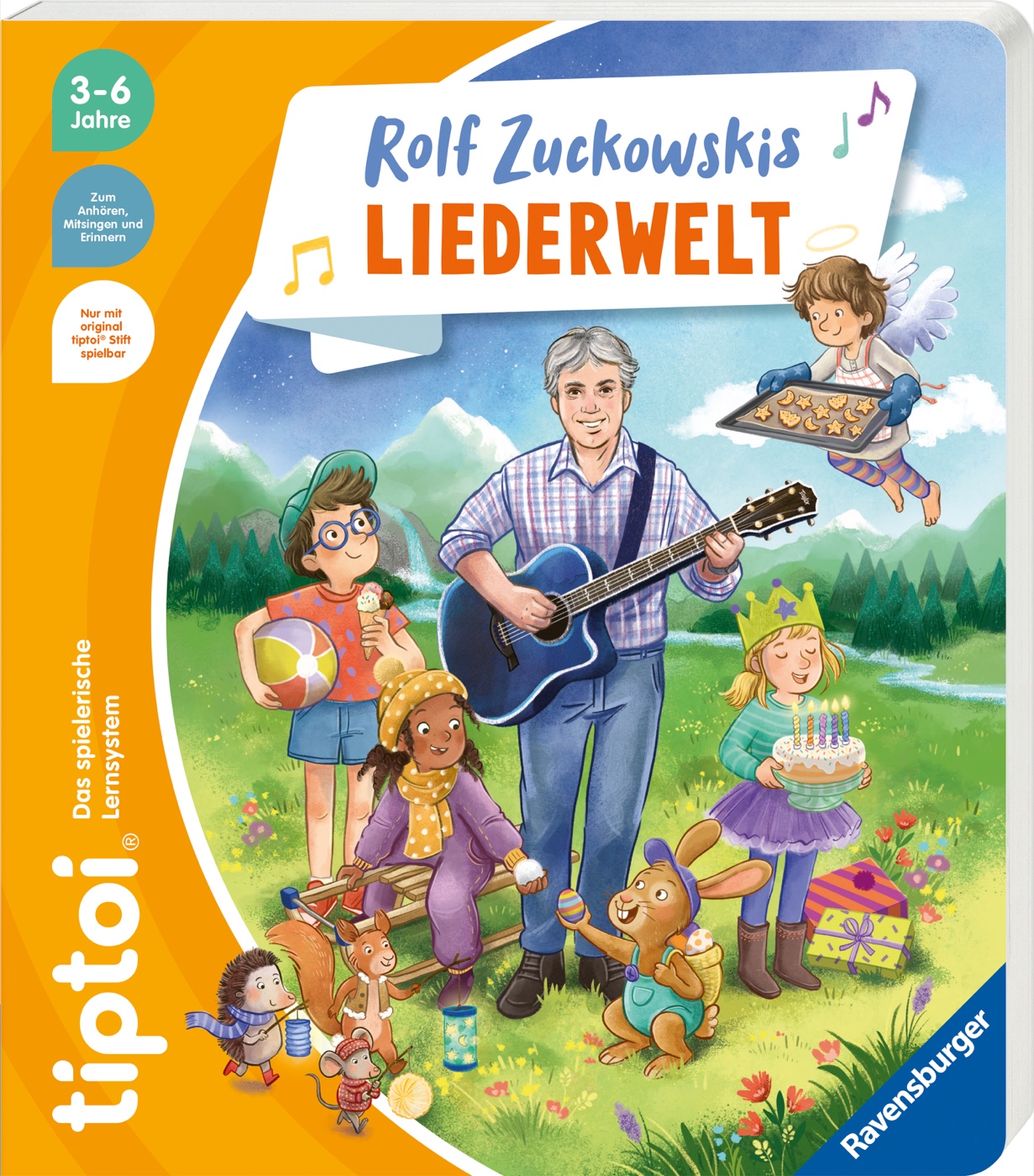 Dreidimensionale Ravensburger-Presseabbildung des Buchcovers von tiptoi Rolf Zuckowskis Liederwelt