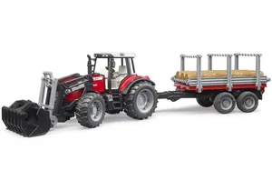 Produktbild von Bruder 2046 Massey Ferguson 7480 mit Frontlader, Holztransportanhänger und 3 Baumstämmen